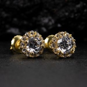 Small Round Cut Pointer 14K Gold Sterling Silver Stud Hip Hop Men's Earrings
